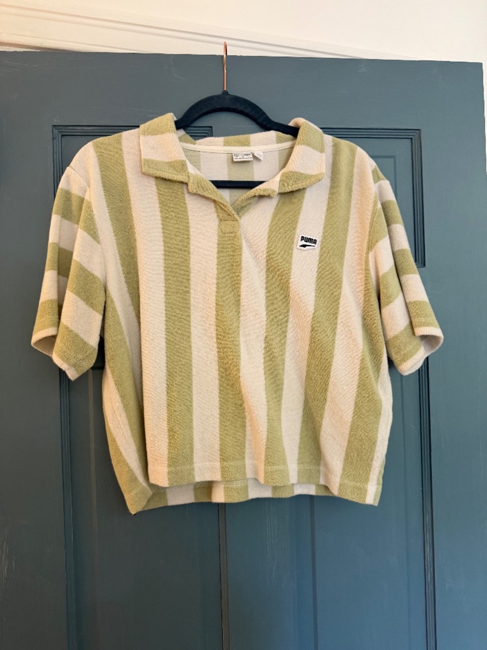 Puma Green Striped Terry Cloth Polo Top Size Large